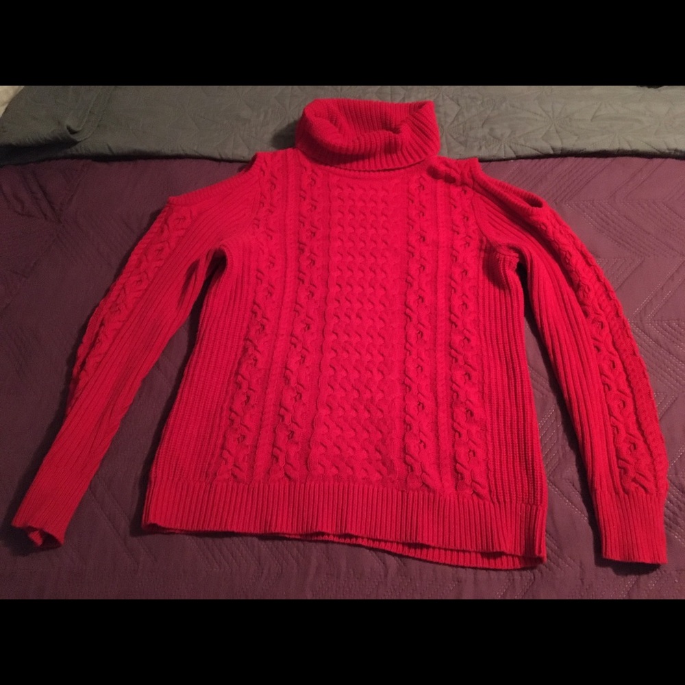 Women’s Red Bare Shoulder Turtleneck Sweater